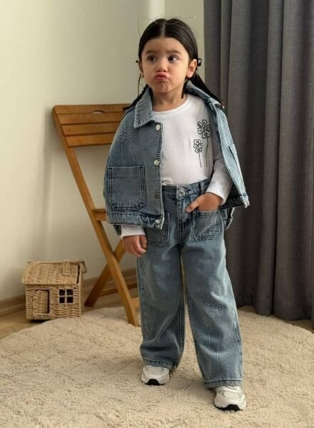 Ceketi Nakışlı 3'lü Gabardin Takım - Mavi