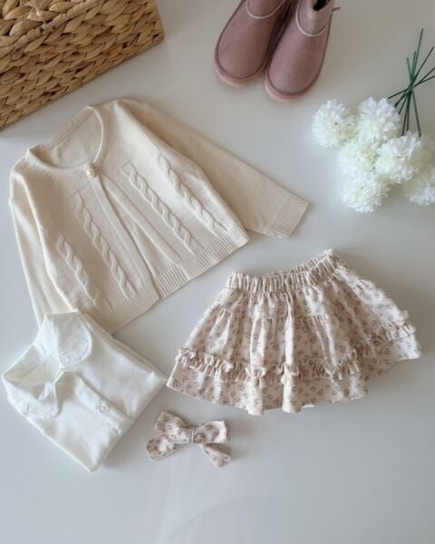 Şort Etekli Pıtır Çiçekli 3'lü Etekli Takım - Krem