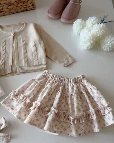 Şort Etekli Pıtır Çiçekli 3'lü Etekli Takım - Bej