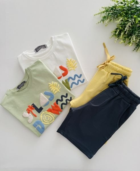 Kabartma Sloganlı Şortlu Kerem Takım - Yeşil