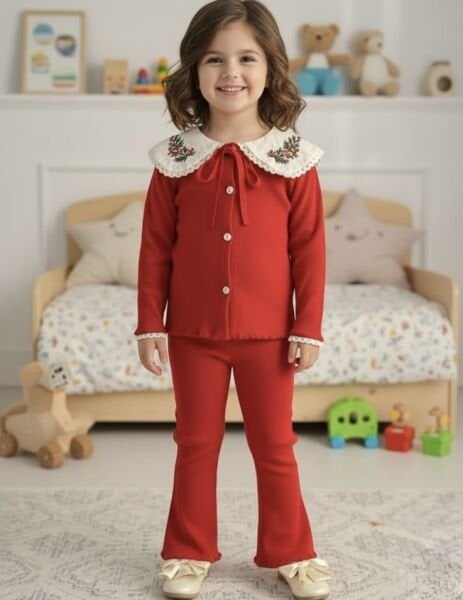 Yeni Yıl Yaka Detaylı Ribana Taytlı Takım - Bordo