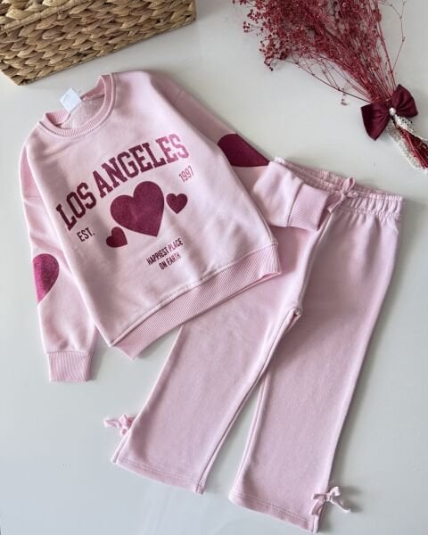 Los Angeles Baskılı Bol Paça Takım - Pembe