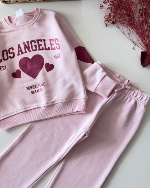 Los Angeles Baskılı Bol Paça Takım - Pembe