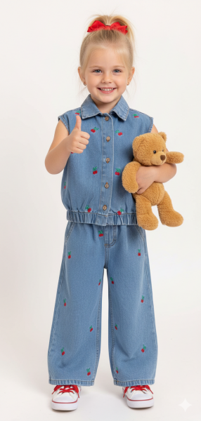 Kiraz Nakışlı Pantolon - Mavi