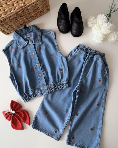 Kiraz Nakışlı Pantolon - Mavi