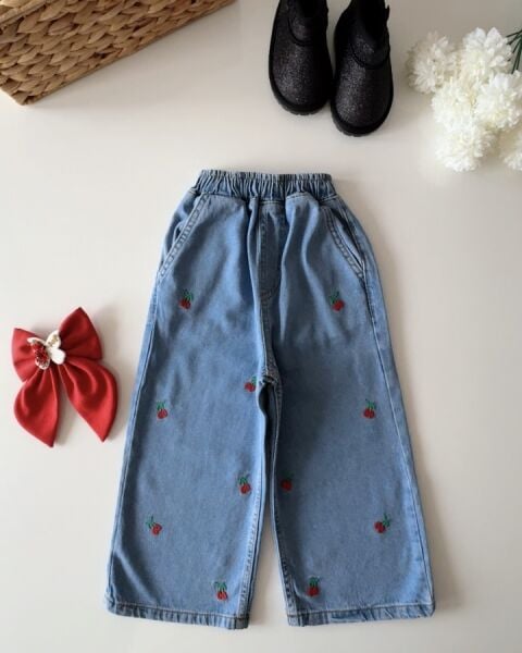 Kiraz Nakışlı Pantolon - Mavi