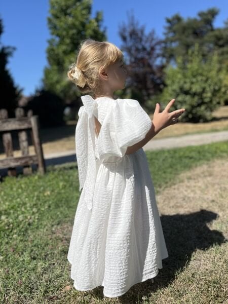 Asarkids Sırttan Fiyonk Bağlamalı Gofre Elbise - Beyaz