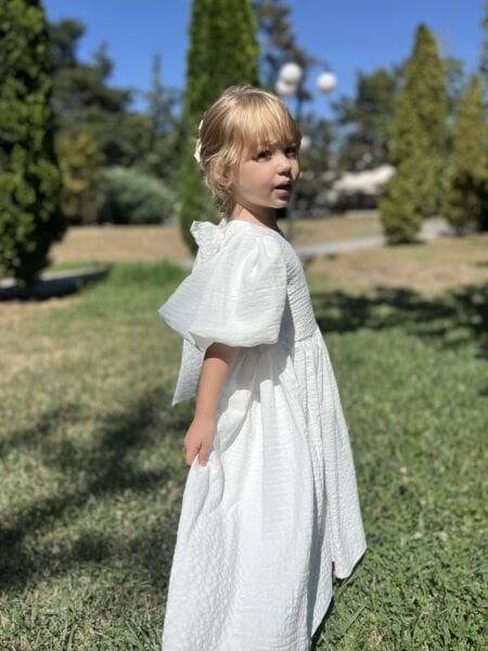 Asarkids Sırttan Fiyonk Bağlamalı Gofre Elbise - Beyaz