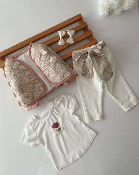 Asarkids Kapitone Ceketli 3’lü Takım - Beyaz - Pudra