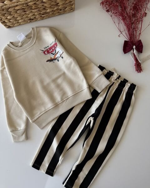 Çizgili Dinozor Baskılı Takım - Krem