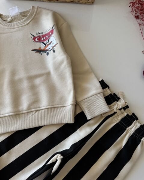 Çizgili Dinozor Baskılı Takım - Krem