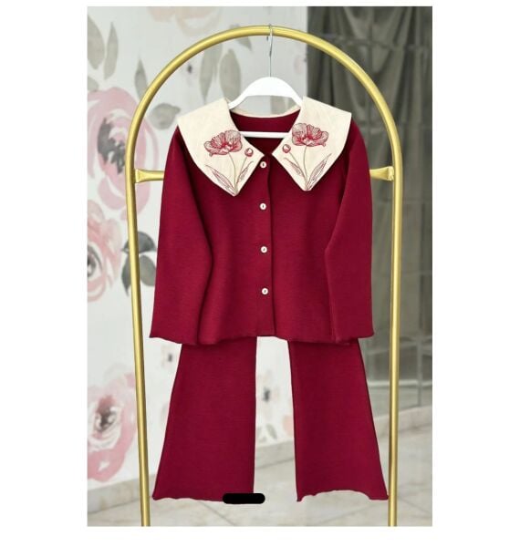 Gömlek Yaka Nakışlı Ribana Taytlı Takım -  Bordo
