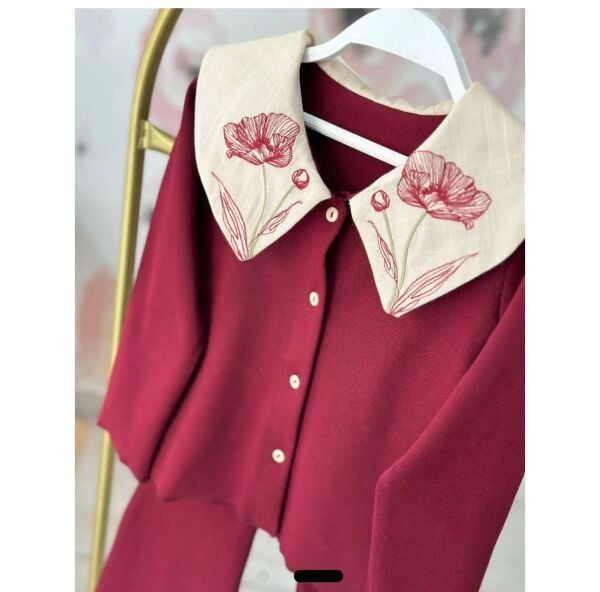 Gömlek Yaka Nakışlı Ribana Taytlı Takım -  Bordo