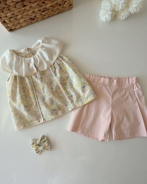 Asarkids Keten Üstü Çiçekli 2'li Takım - Yeşil Pembe