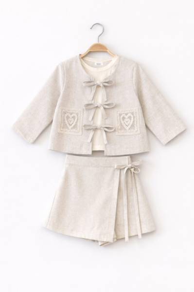 Asarkids Boncuk İşleme Nakış Detaylı Bohem Etekli 2'li Takım - Krem