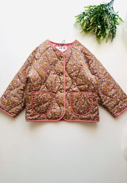 Çiçekli Kapitone Cepli Defne Ceket - Pembe