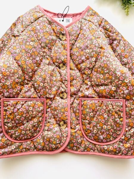 Çiçekli Kapitone Cepli Defne Ceket - Pembe