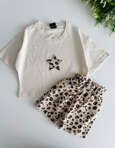 Yıldız Leopar Desenli Dilara Şortlu Takım - Krem