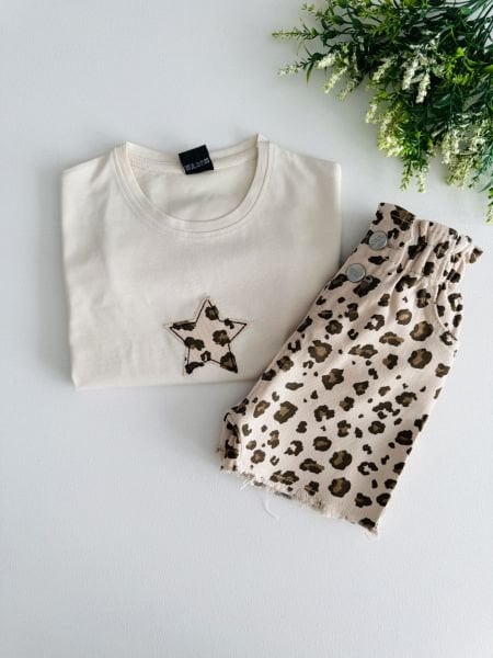 Yıldız Leopar Desenli Dilara Şortlu Takım - Krem