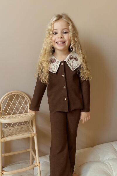 Gömlek Yaka Nakışlı Ribana Taytlı Takım - Kahve