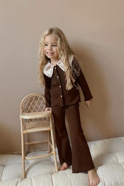 Gömlek Yaka Nakışlı Ribana Taytlı Takım - Kahve