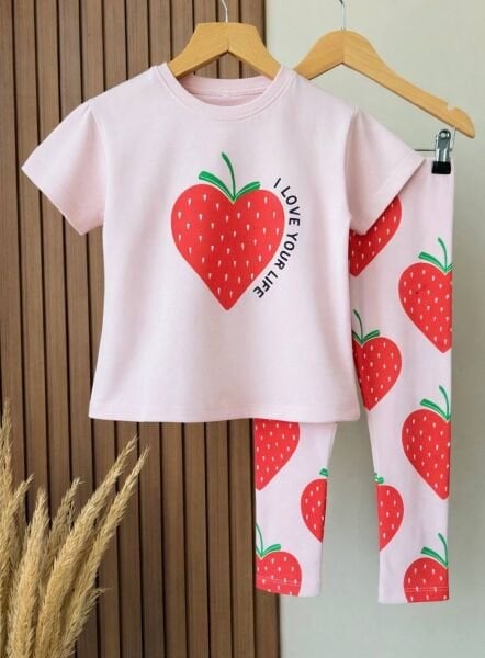 Asarkids Çilek Baskılı Taytlı Takım - Pembe