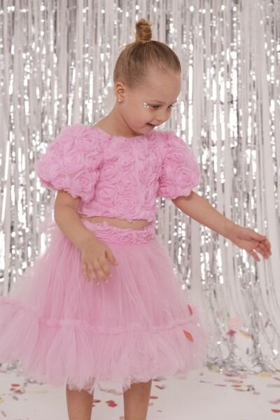 Asarkids Güllü Midi Boy Tütü Etekli 2'li Takım - Pembe