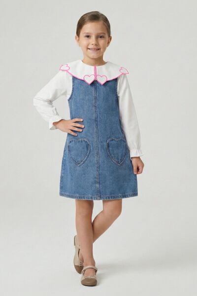 Asarkids Denim Kalp Desebnli Gömlekli Jile Elbise - Mavi