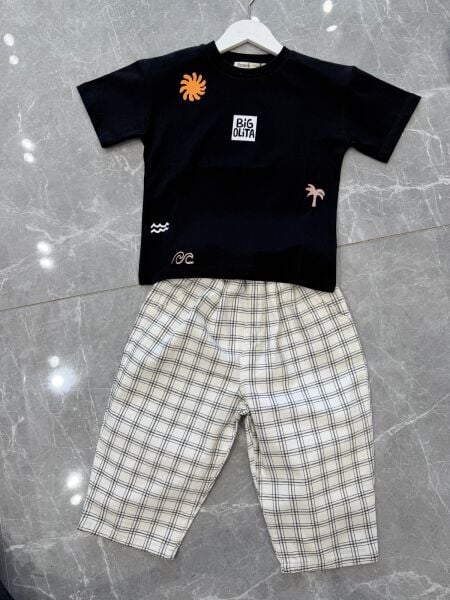 Asarkids  Mevsimlik Pantolon 2'li Set Kareli - Krem Siyah