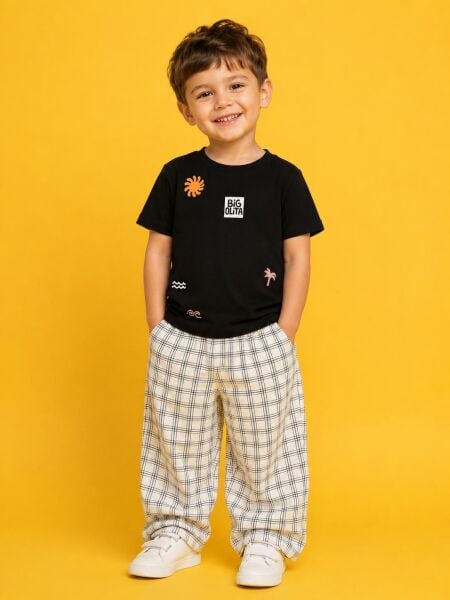Asarkids  Mevsimlik Pantolon 2'li Set Kareli - Krem Siyah