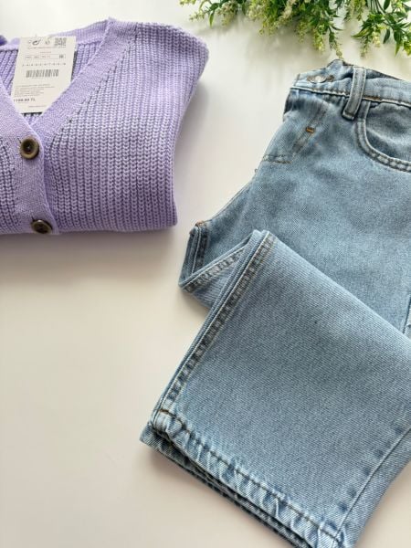 Bol Paça Pantolon Düğmeli Hırka Takım 2'li Set - Lila
