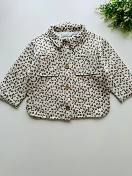 Çiçekli Kapitone Cepli Defne Ceket - Krem