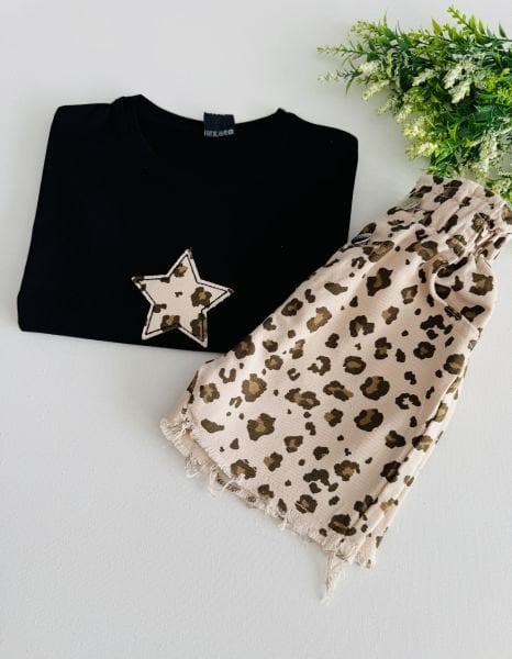 Yıldız Leopar Desenli Dilara Şortlu Takım - Siyah