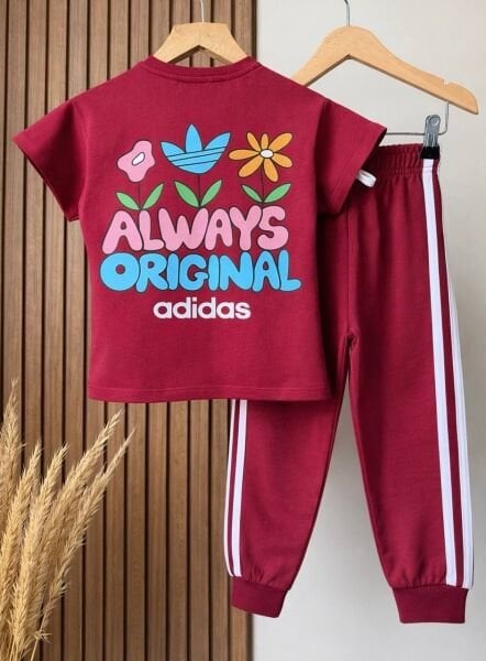 Asarkids 3 Çizgili Çiçek Baskılı Takım - Bordo