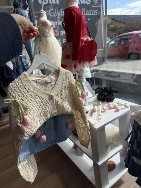 Asarkids Denim Etekli Laleli Hırka 2'li Set - Krem Mavi