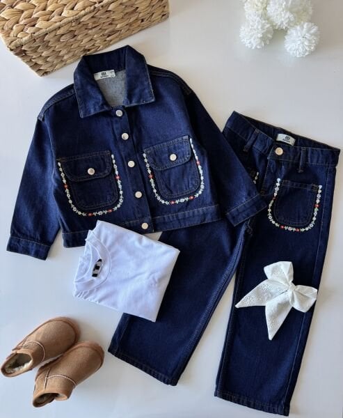 Cep Kenarları Çiçek Nakışlı Denim Takım - Koyu Mavi