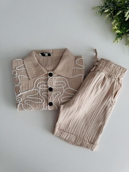 Müslin Kordon Nakışlı Efe Bohem Takım - Krem