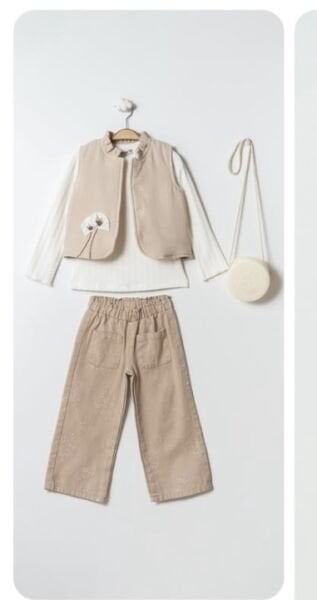 Çiçek İşlemeli Pantolon ve Yelekli 4'lü Set - Bej