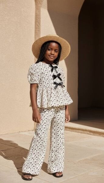 Asarkids Çiçekli Fiyonk Aplikeli 2'li Takım - Beyaz Siyah