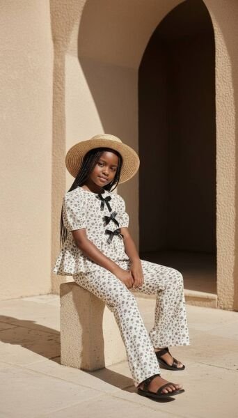 Asarkids Çiçekli Fiyonk Aplikeli 2'li Takım - Beyaz Siyah