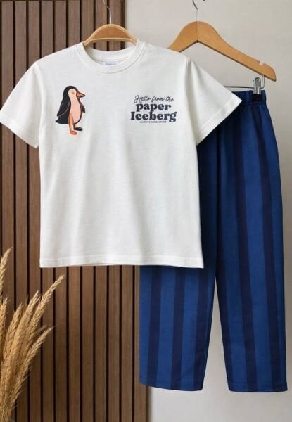 Asarkids Penguen Baskılı Çizgili 2'li Takım - Beyaz