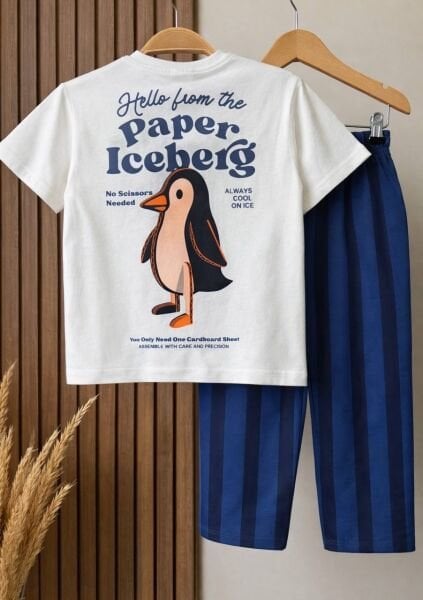 Asarkids Penguen Baskılı Çizgili 2'li Takım - Beyaz
