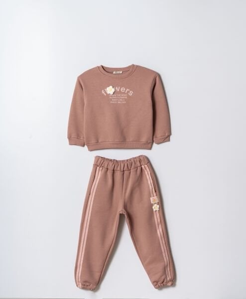 Çiçek Aplikeli Şeritli Hafif Şardonlu Takım - Soft Kahve