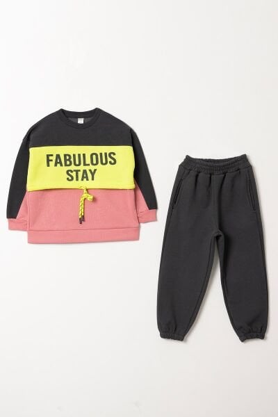 Fabulous Stay Sloganlı Şardonlu Takım - Füme Pembe