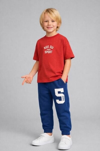 Asarkids Sloganlı Basic Eşofman Takımı - Kırmızı Mavi