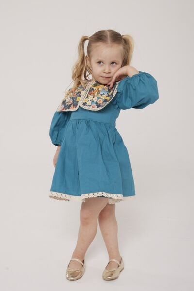 Asarkids Etnik Desen Yakalı Elbise - Mavi