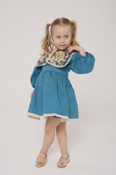 Asarkids Etnik Desen Yakalı Elbise - Mavi