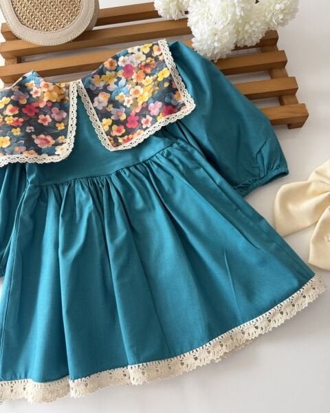 Asarkids Etnik Desen Yakalı Elbise - Mavi