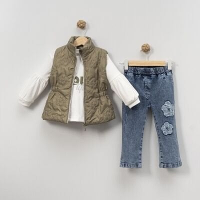 Çiçek İşlemeli Yelekli Pantolonlu 3'lü Set - Yeşil