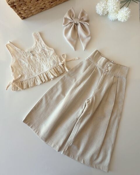 Asarkids Keten Pantolonlu Fisto Biyeli 2'li Takım - Bej